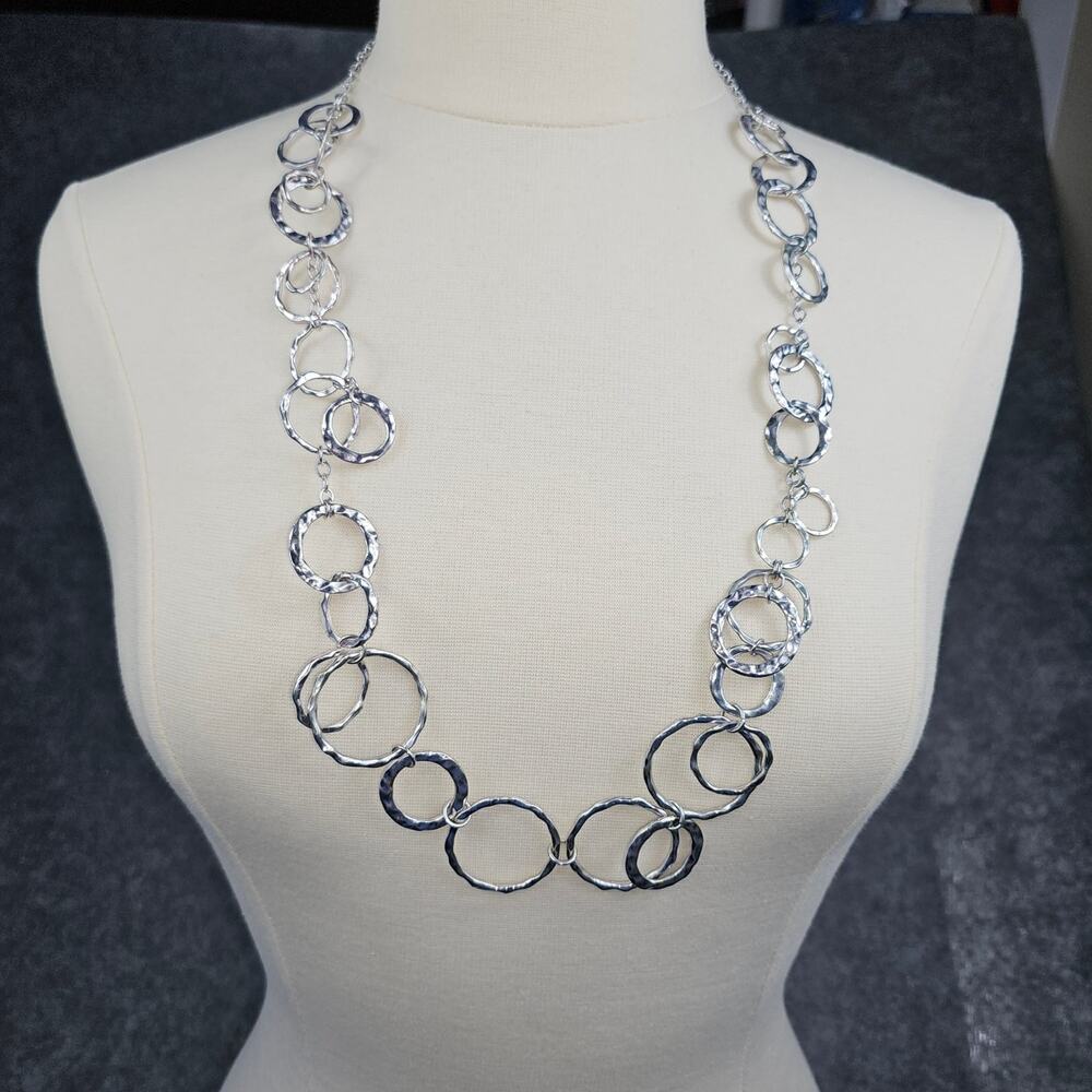 Long Hammered Ring Loops Statement Necklace 27" to 33" Silver Tone Jewelry